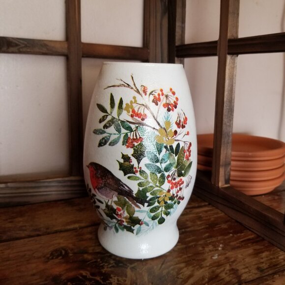 Robins & Holly Berries Glass Vase, Painted Decoupaged Vase, 7 Inch Height - Picture 6 of 7